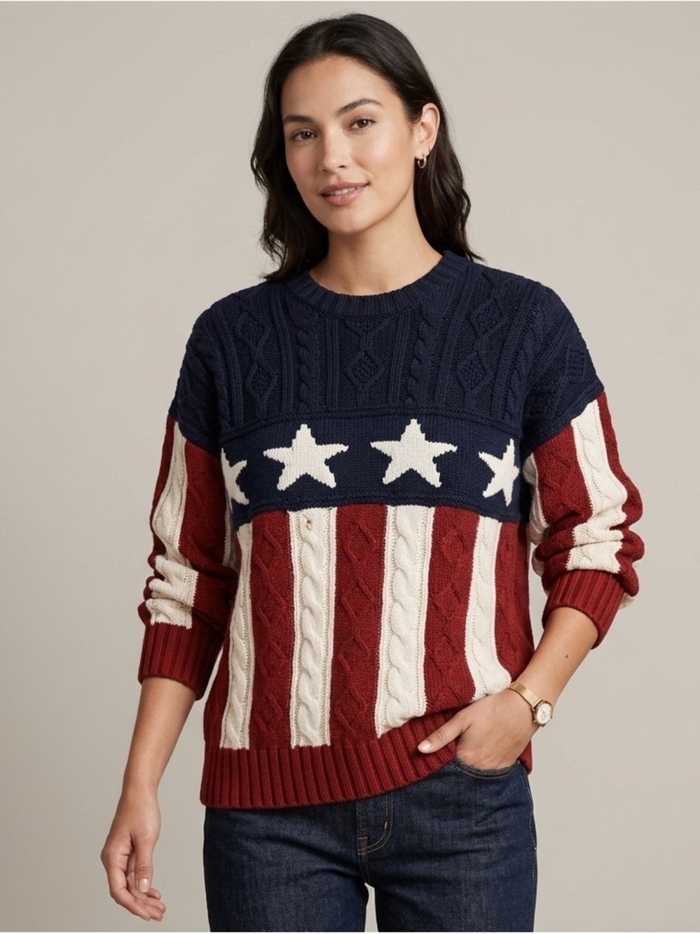 Tommy Hilfiger Vintage 90’s Thick Wool Cable Knit American Flag Sweater Large